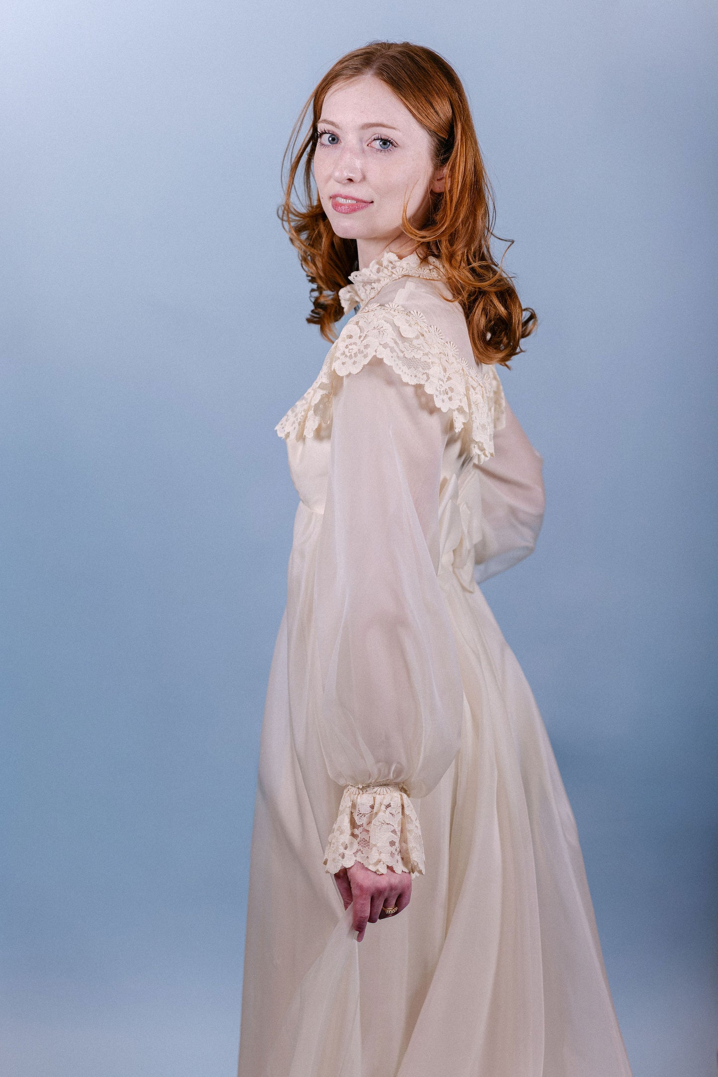 Beth: 1969 Chiffon Empire Gown with Lace Ruffle & Bow