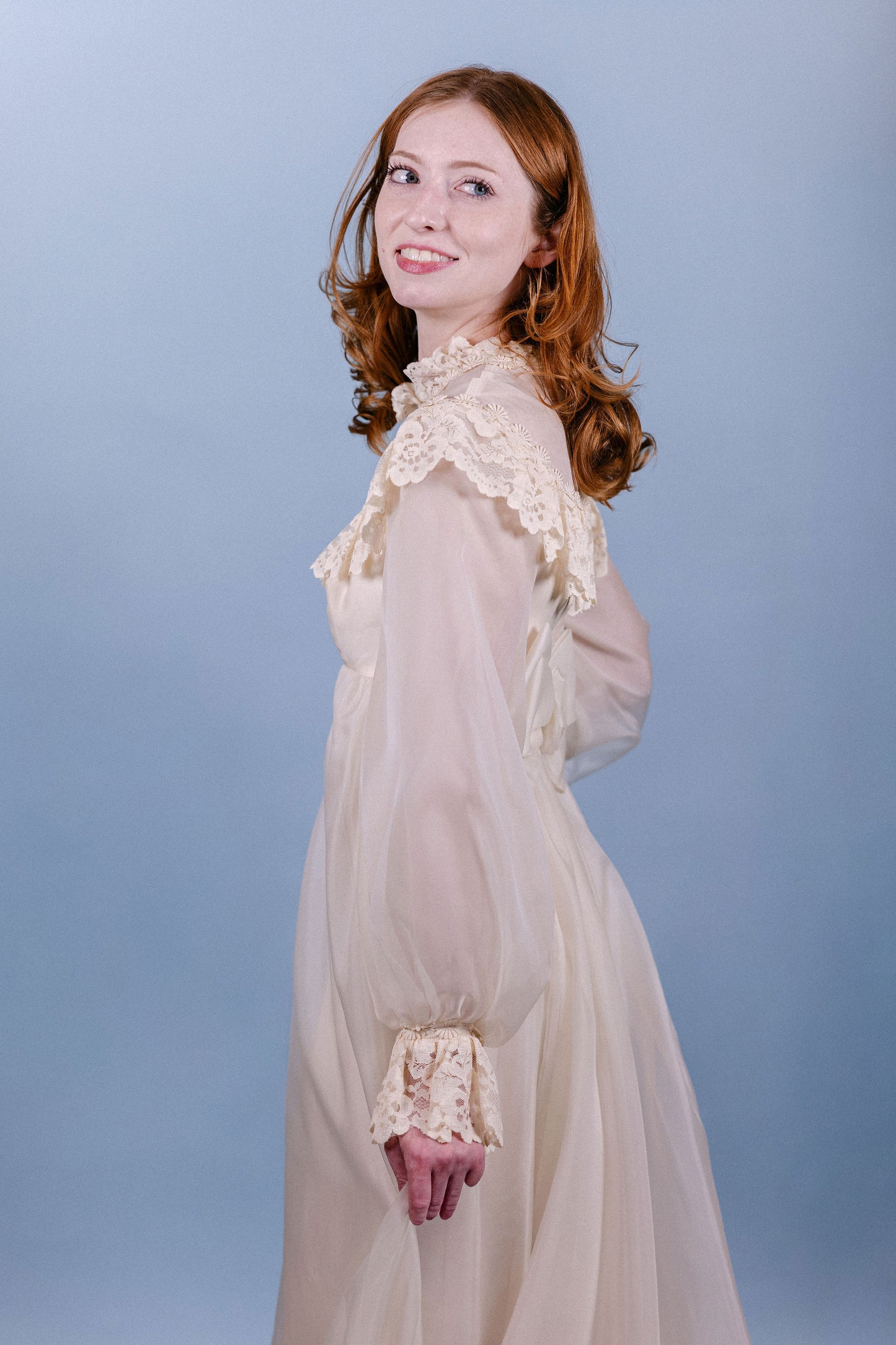 Beth: 1969 Chiffon Empire Gown with Lace Ruffle & Bow