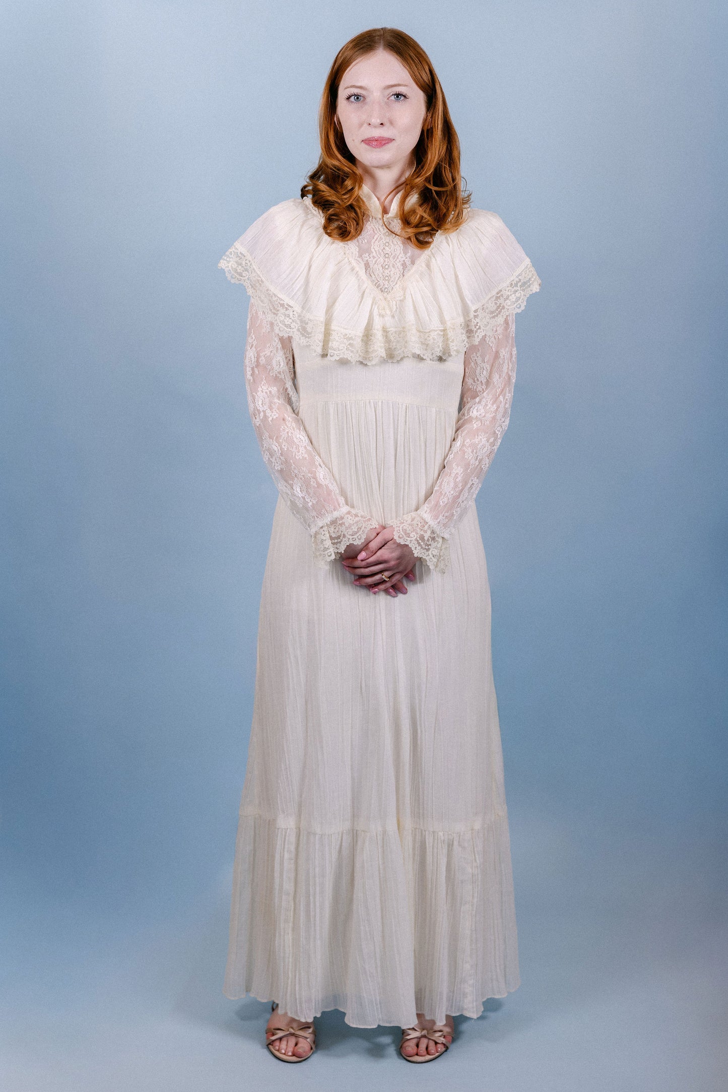 Leona: 1970s Gauze & Lace Ruffle Collar Dress