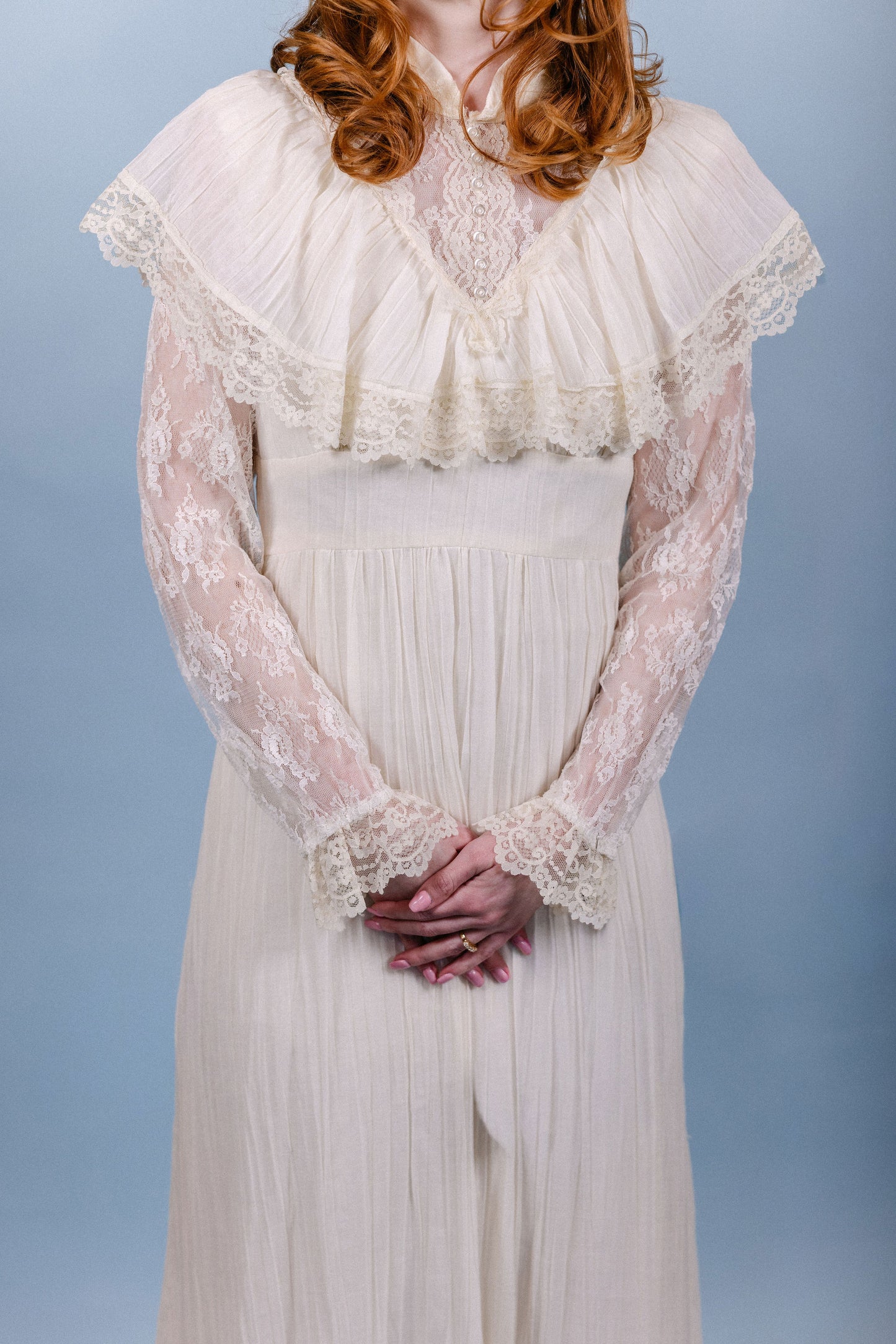 Leona: 1970s Gauze & Lace Ruffle Collar Dress