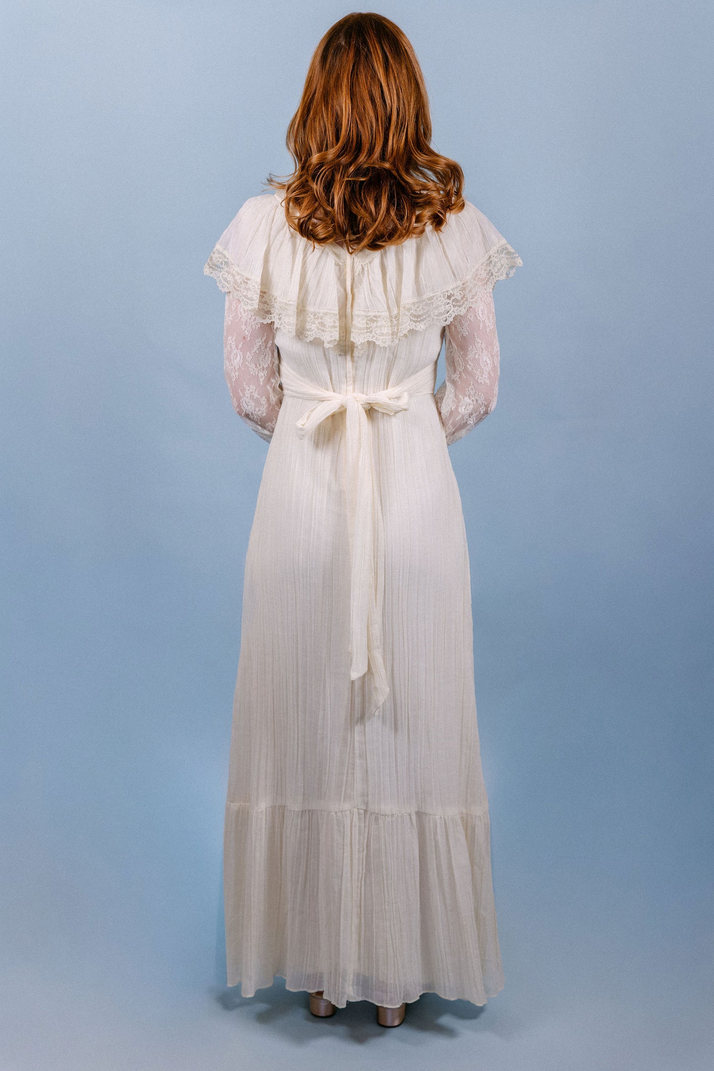 Leona: 1970s Gauze & Lace Ruffle Collar Dress