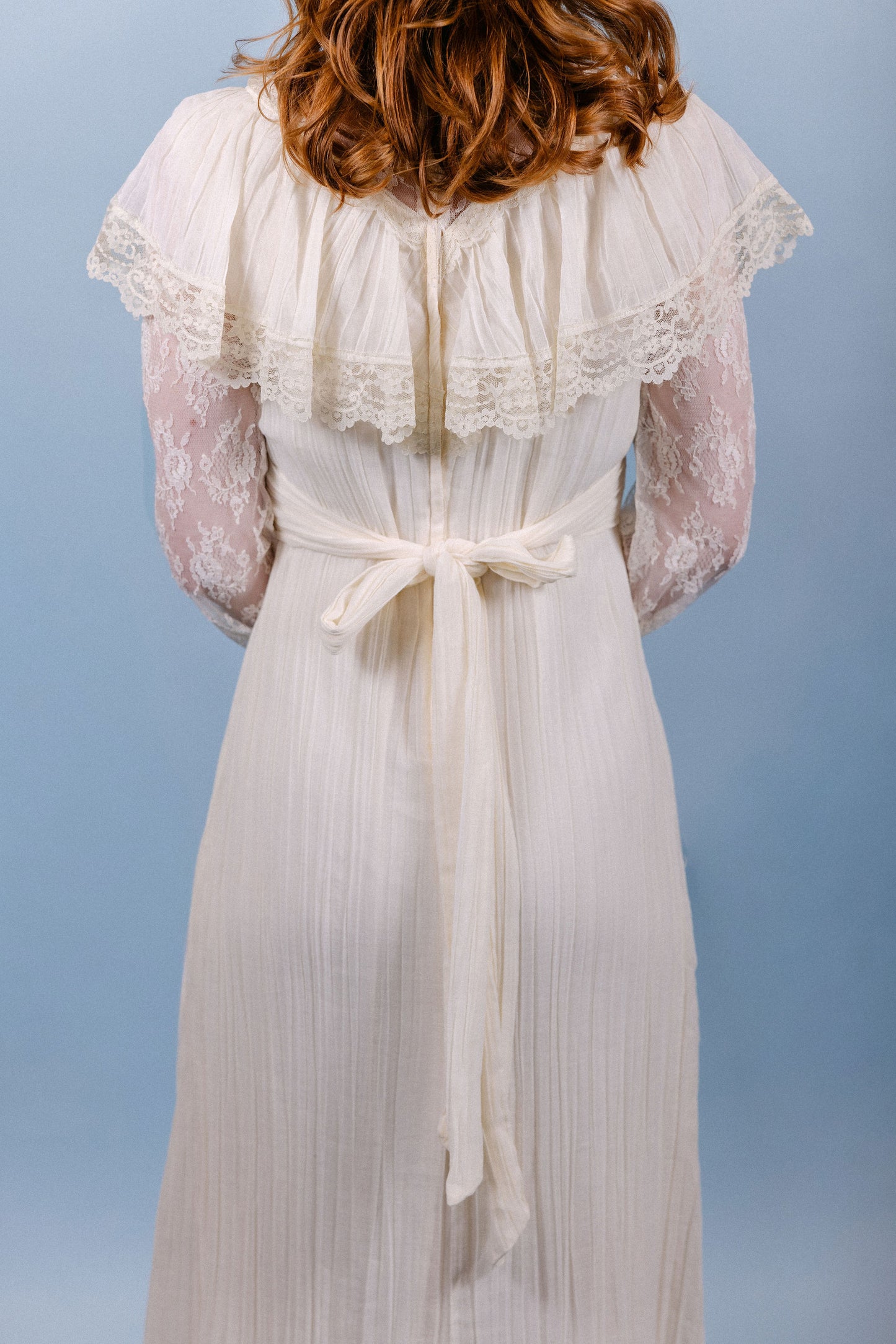 Leona: 1970s Gauze & Lace Ruffle Collar Dress