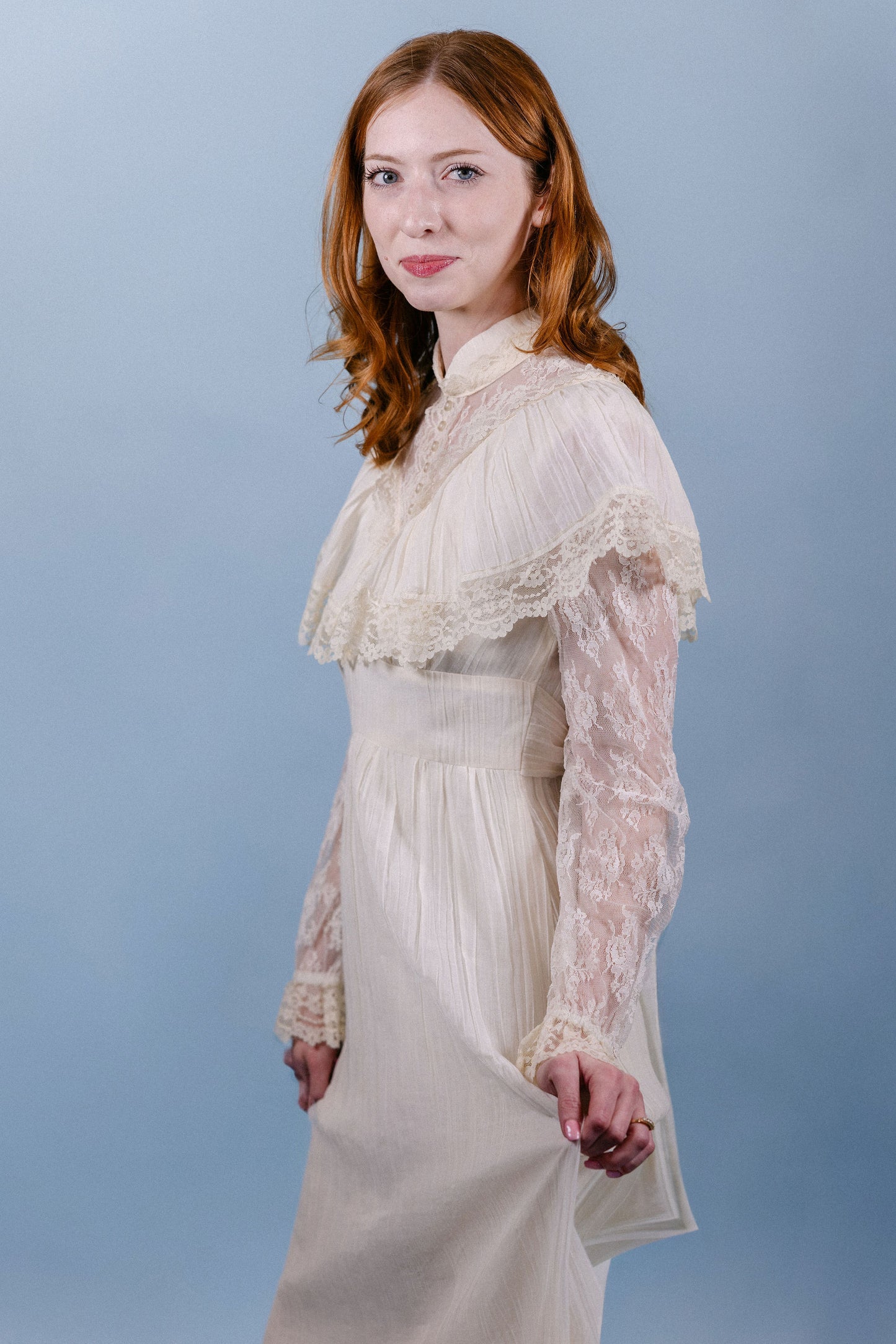 Leona: 1970s Gauze & Lace Ruffle Collar Dress