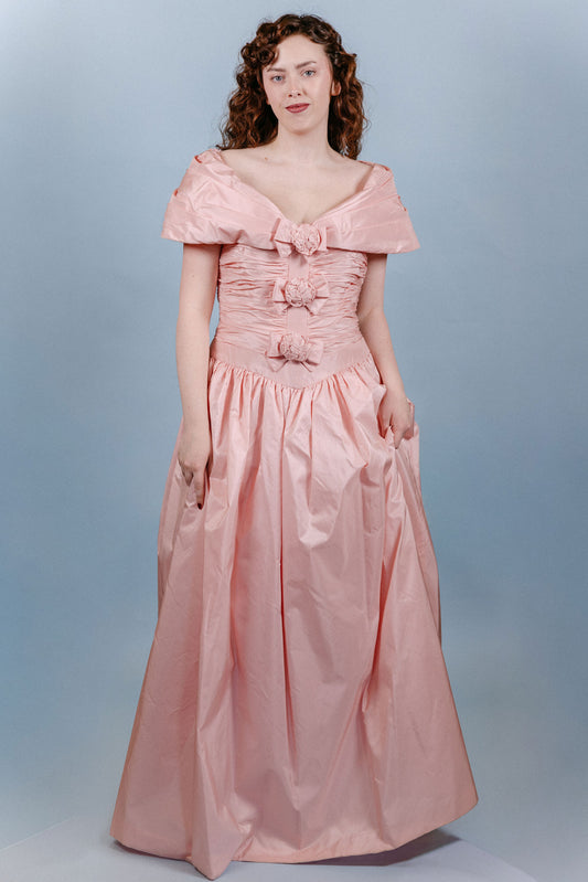 Glinda: 1960s Pink Formal Gown with Rosettes and Removable Bolero