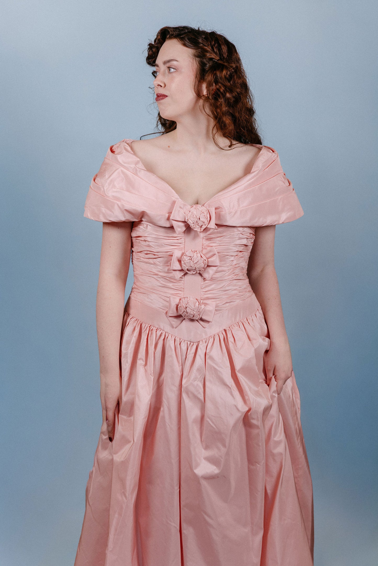 Glinda: 1960s Pink Formal Gown with Rosettes and Removable Bolero