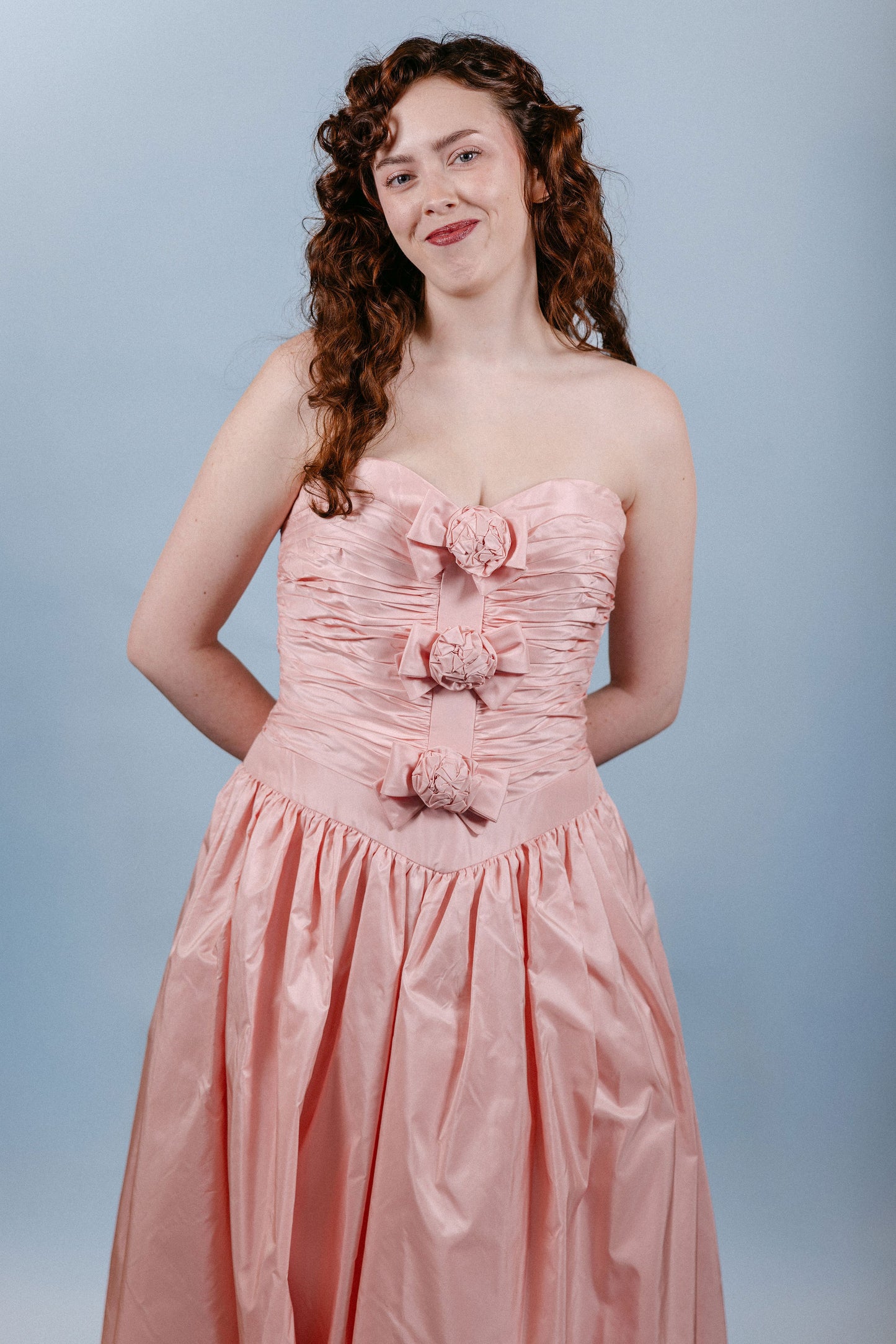 Glinda: 1960s Pink Formal Gown with Rosettes and Removable Bolero