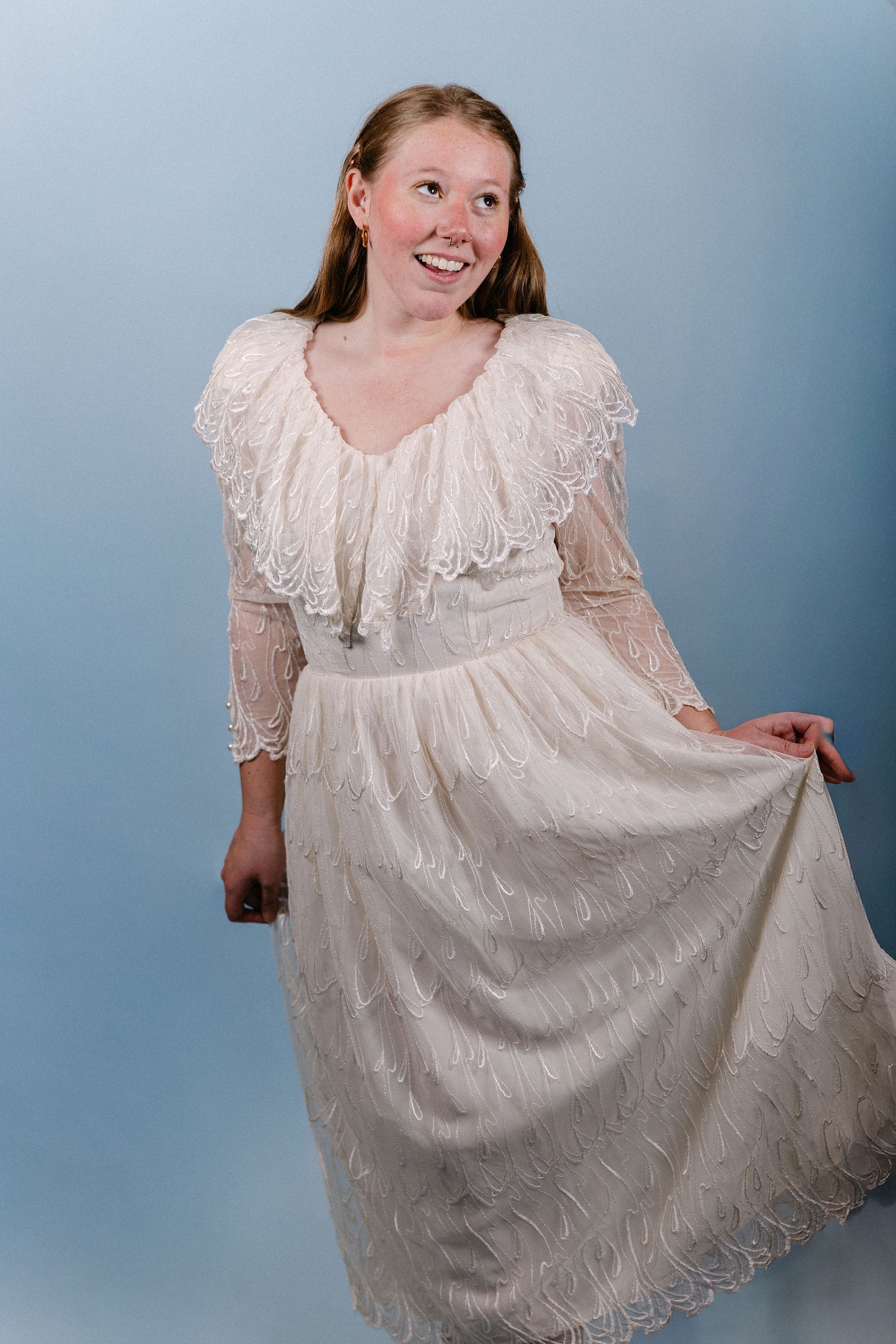 Sami: 1970s Cachet Lace Wedding Dress with Boho Lace Collar & LS