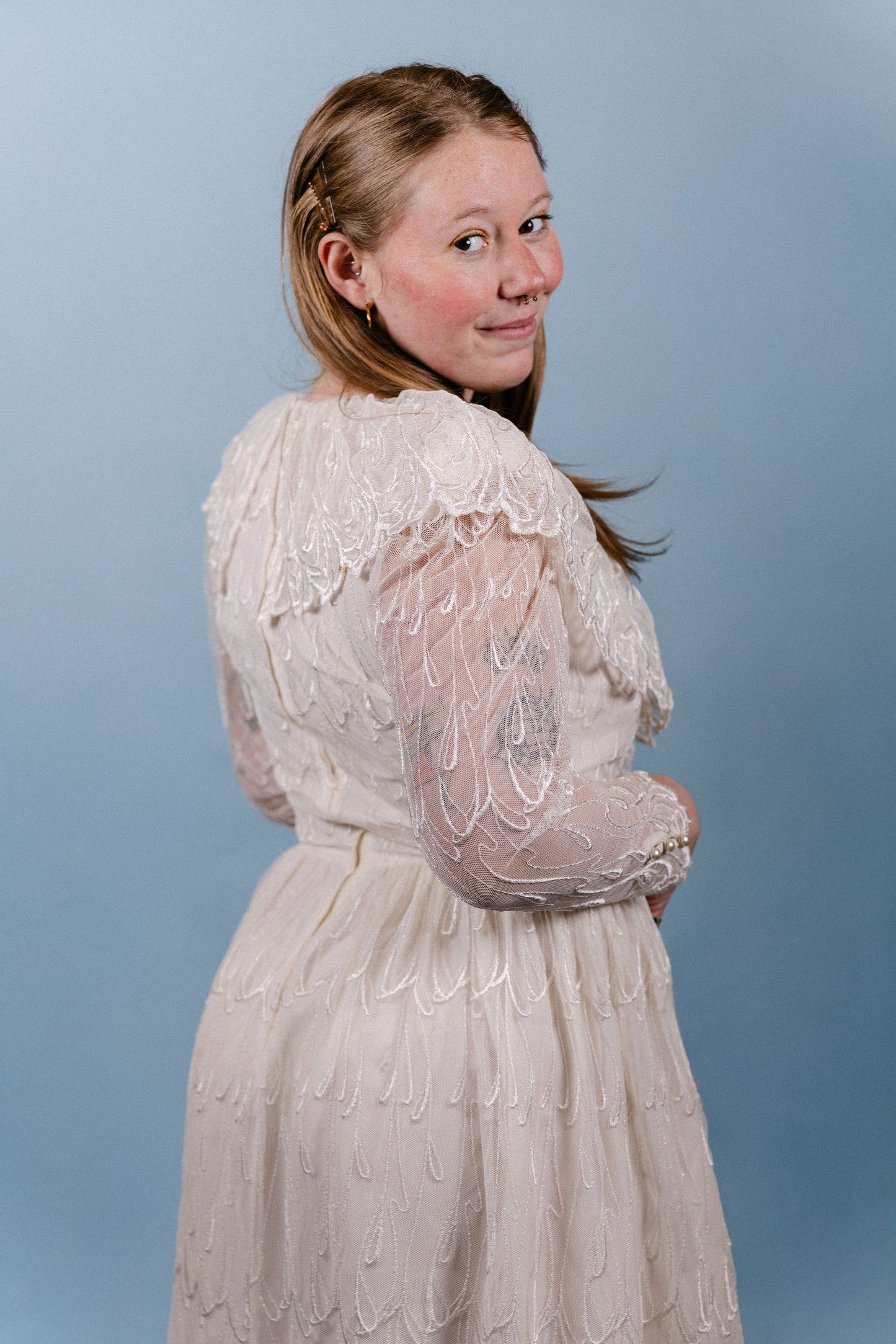 Sami: 1970s Cachet Lace Wedding Dress with Boho Lace Collar & LS