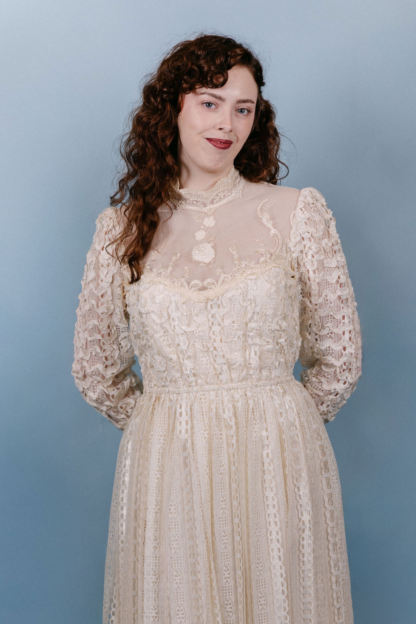 Nina: 1970s LS Tea Length Wedding Dress with Lace & 3D Ribbon