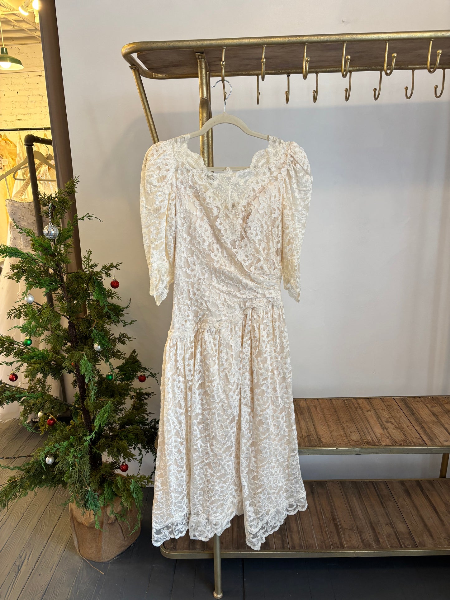 Coty: 1980s Lace Asymmetrical Waist Tea-Length Dress