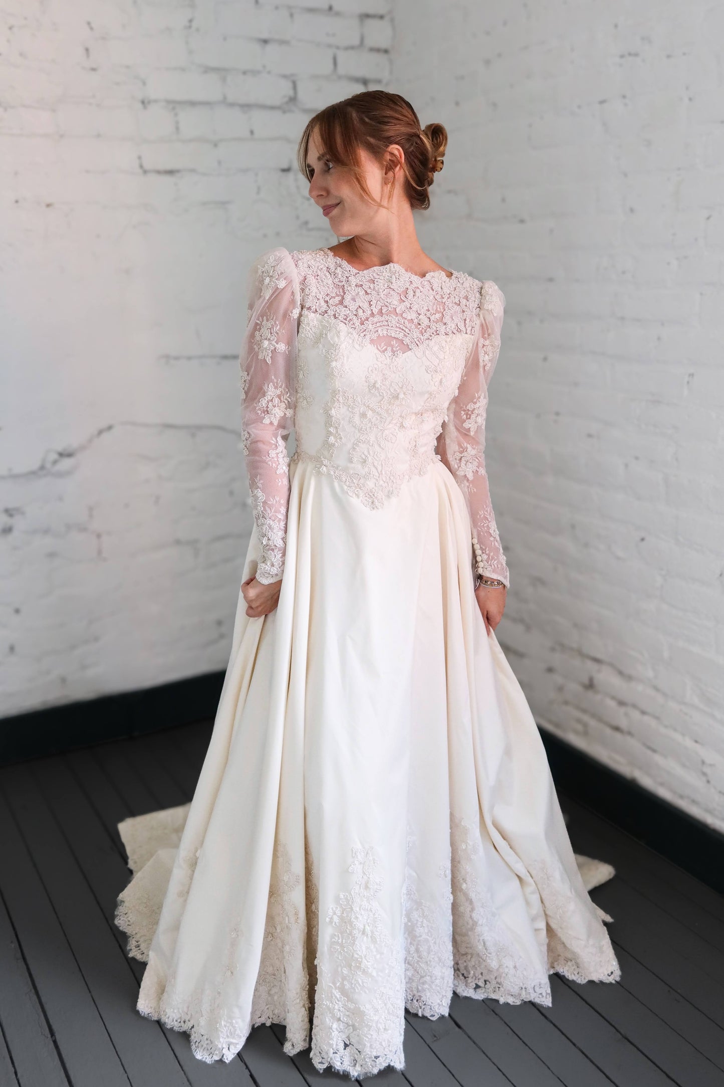 Olivia: 1992 Ivory Long Sleeve Gown, Lace & Pearl Appliqué & 3D Beads