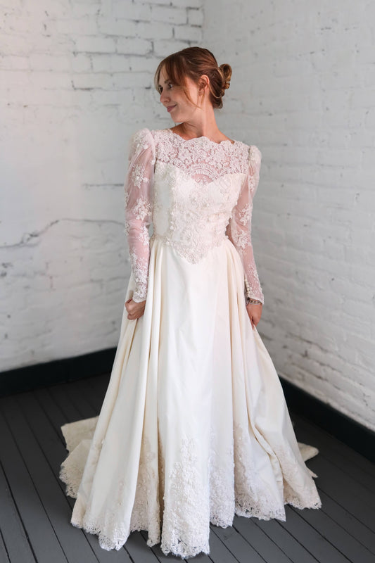 Olivia: 1992 Ivory Long Sleeve Gown, Lace & Pearl Appliqué & 3D Beads