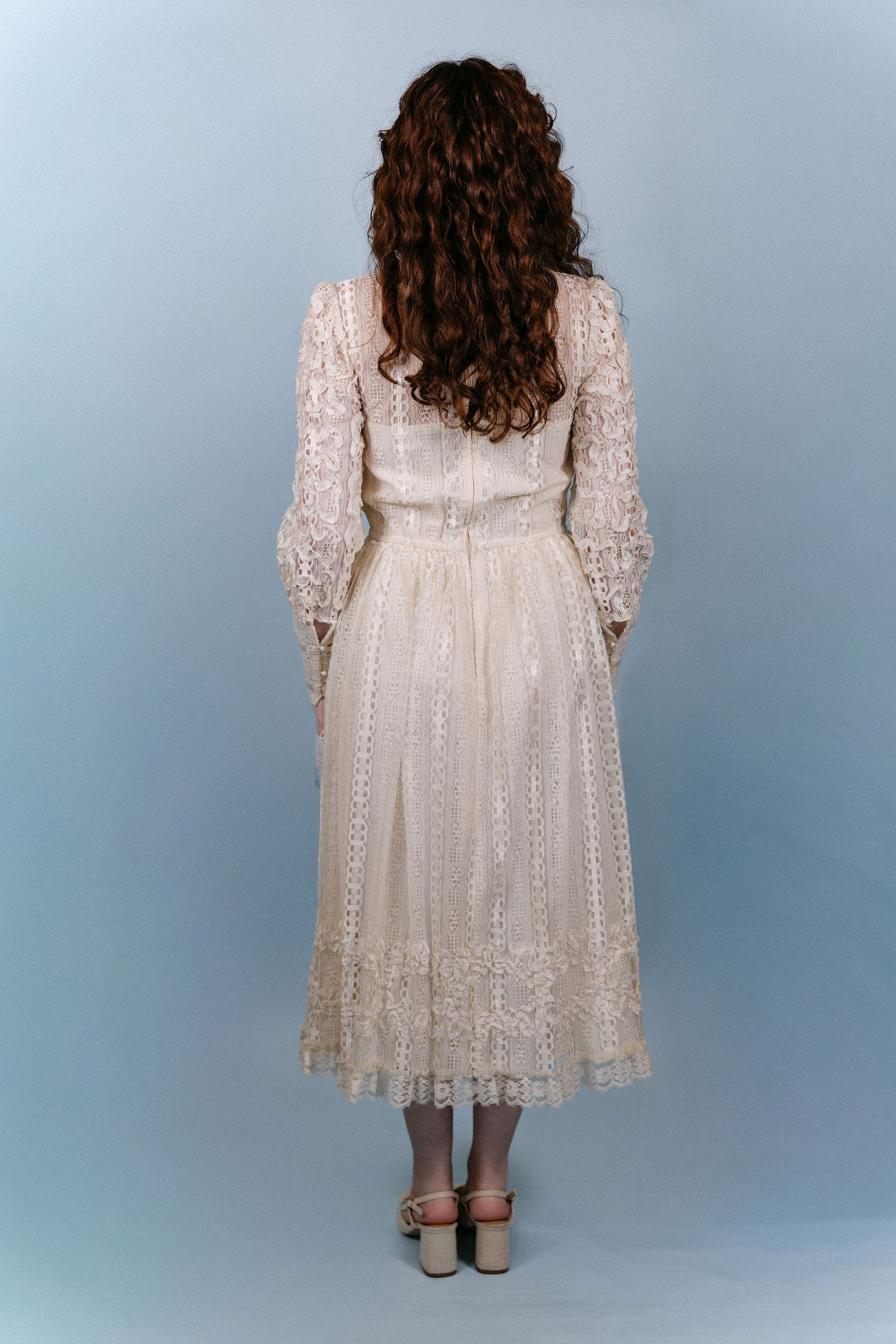 Nina: 1970s LS Tea Length Wedding Dress with Lace & 3D Ribbon