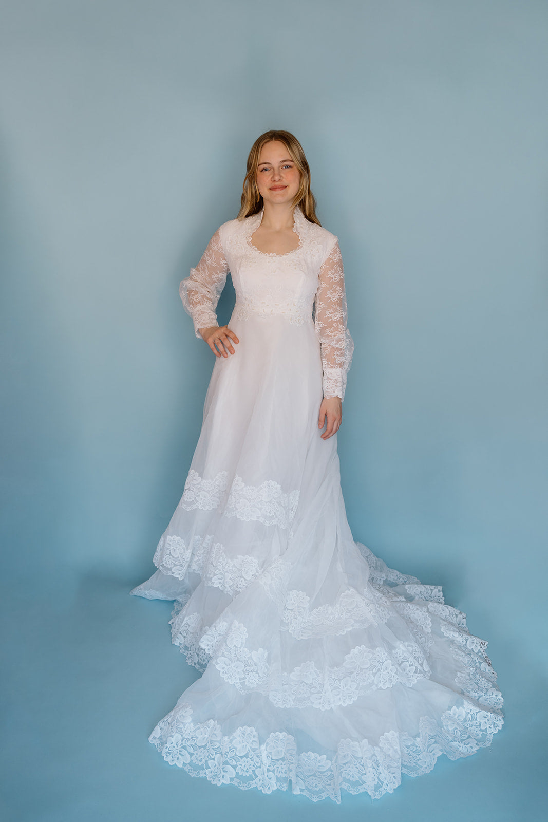 Morris: 1978 white, tiered skirt with tulle, long sleeves wedding dress