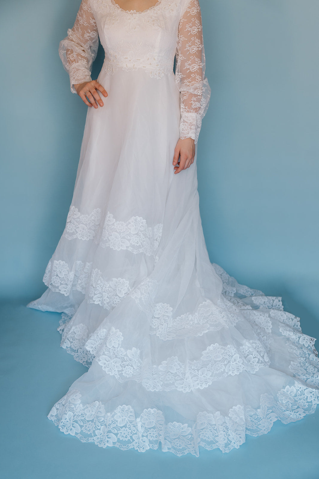 Morris: 1978 white, tiered skirt with tulle, long sleeves wedding dress