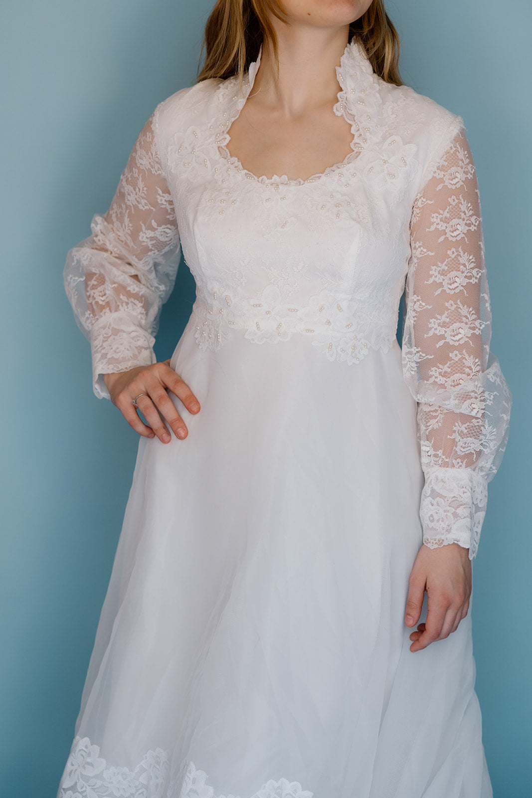 Morris: 1978 white, tiered skirt with tulle, long sleeves wedding dress