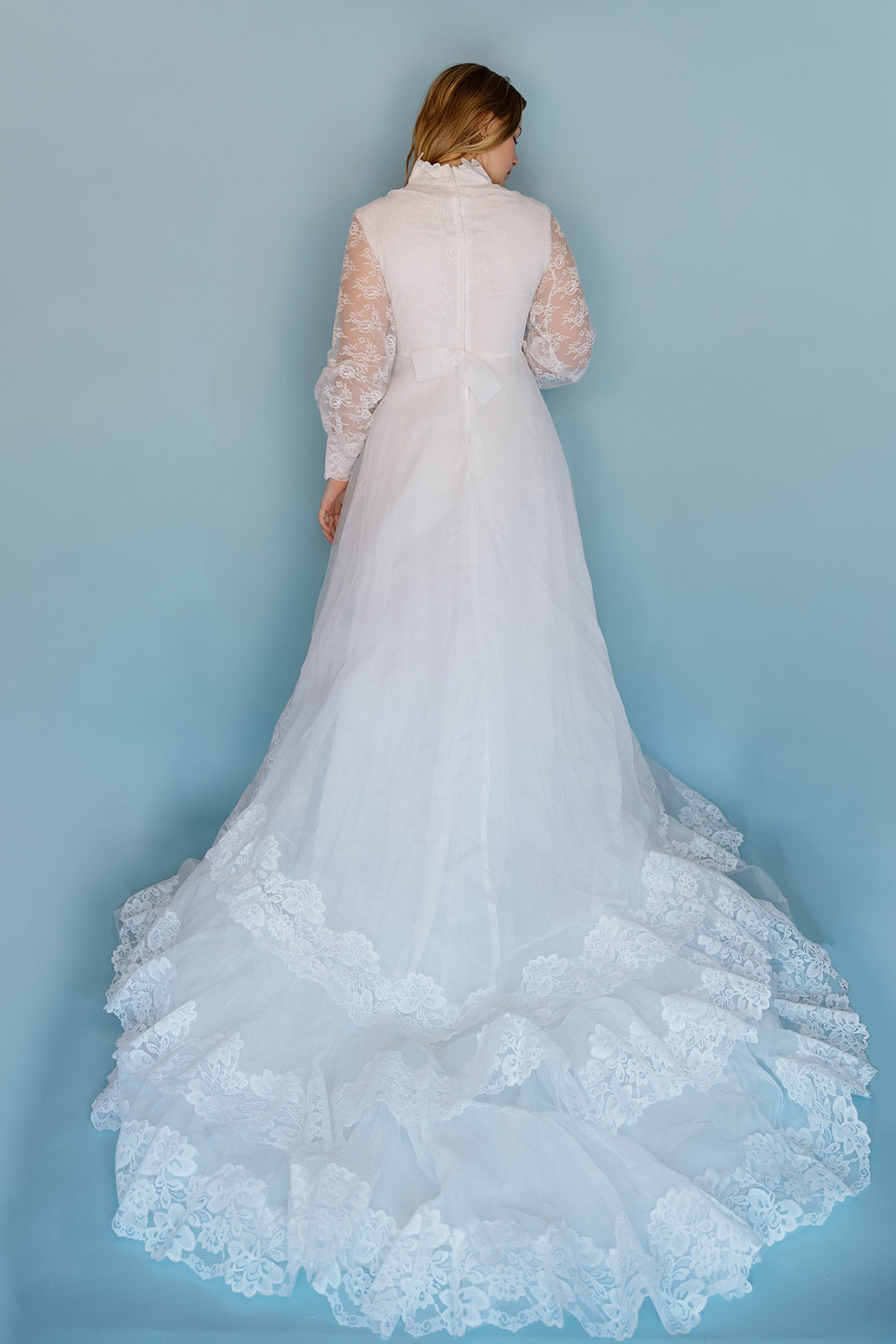 Morris: 1978 white, tiered skirt with tulle, long sleeves wedding dress