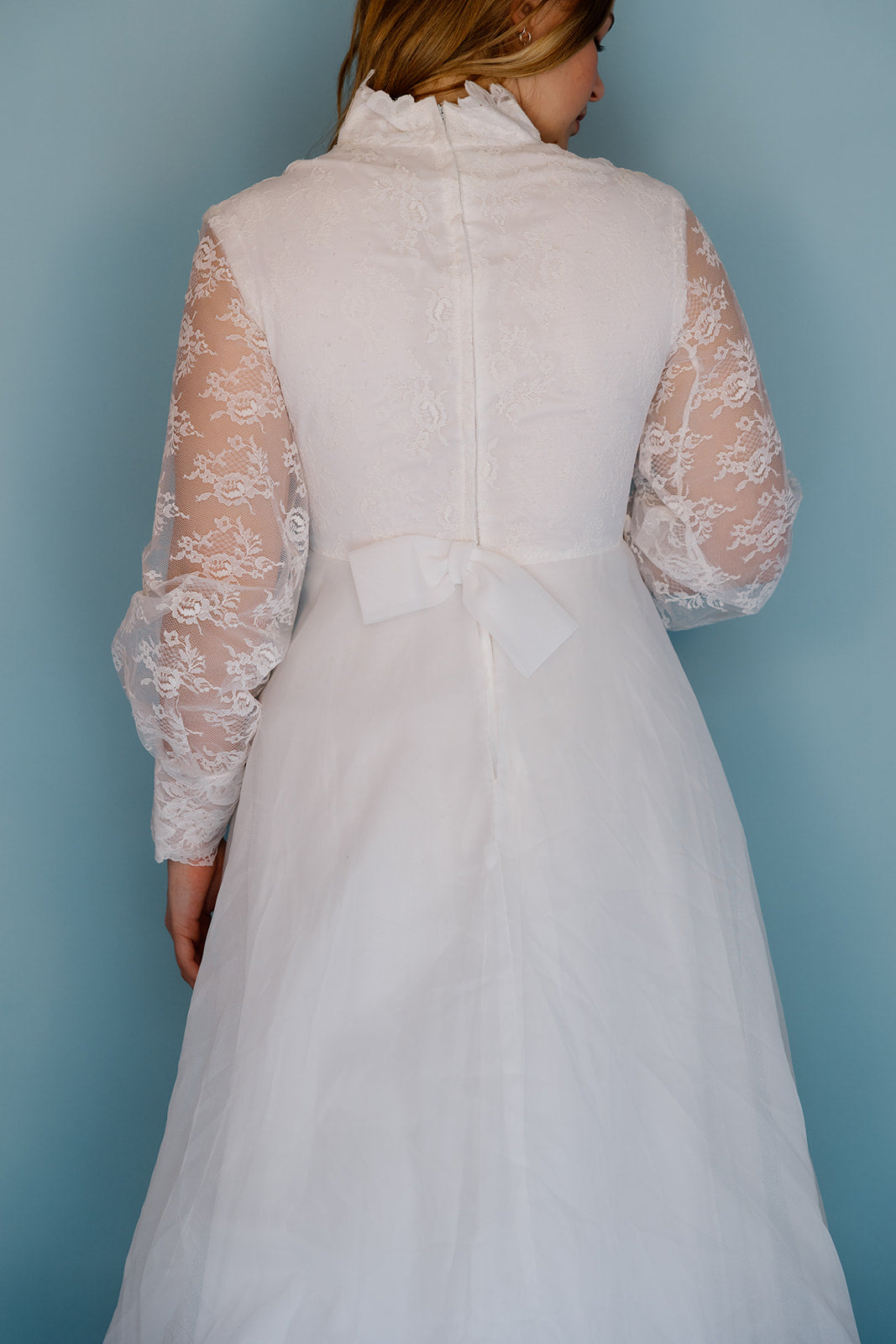 Morris: 1978 white, tiered skirt with tulle, long sleeves wedding dress