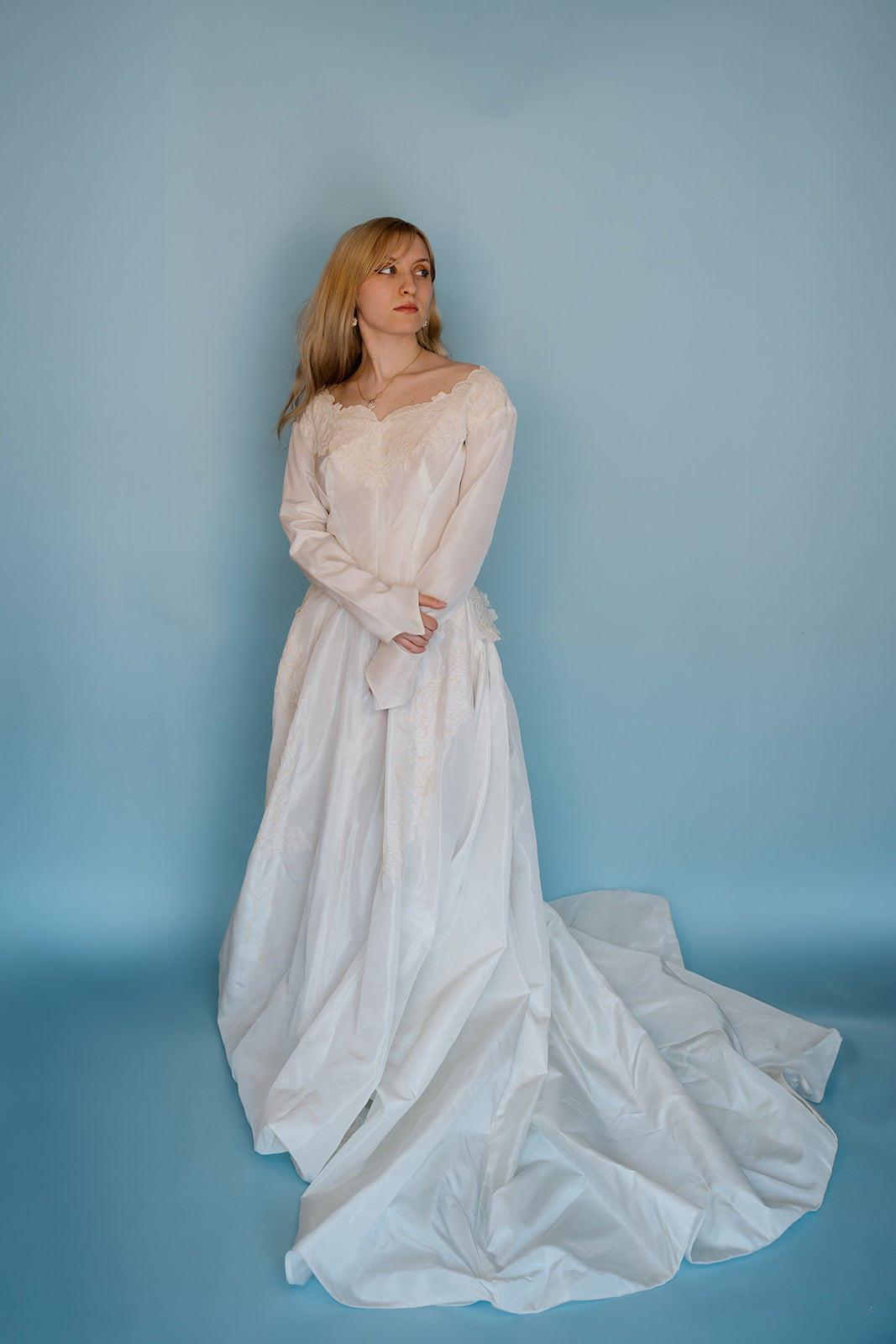 Dorothy: 1959 long sleeve ballgown with simple appliques