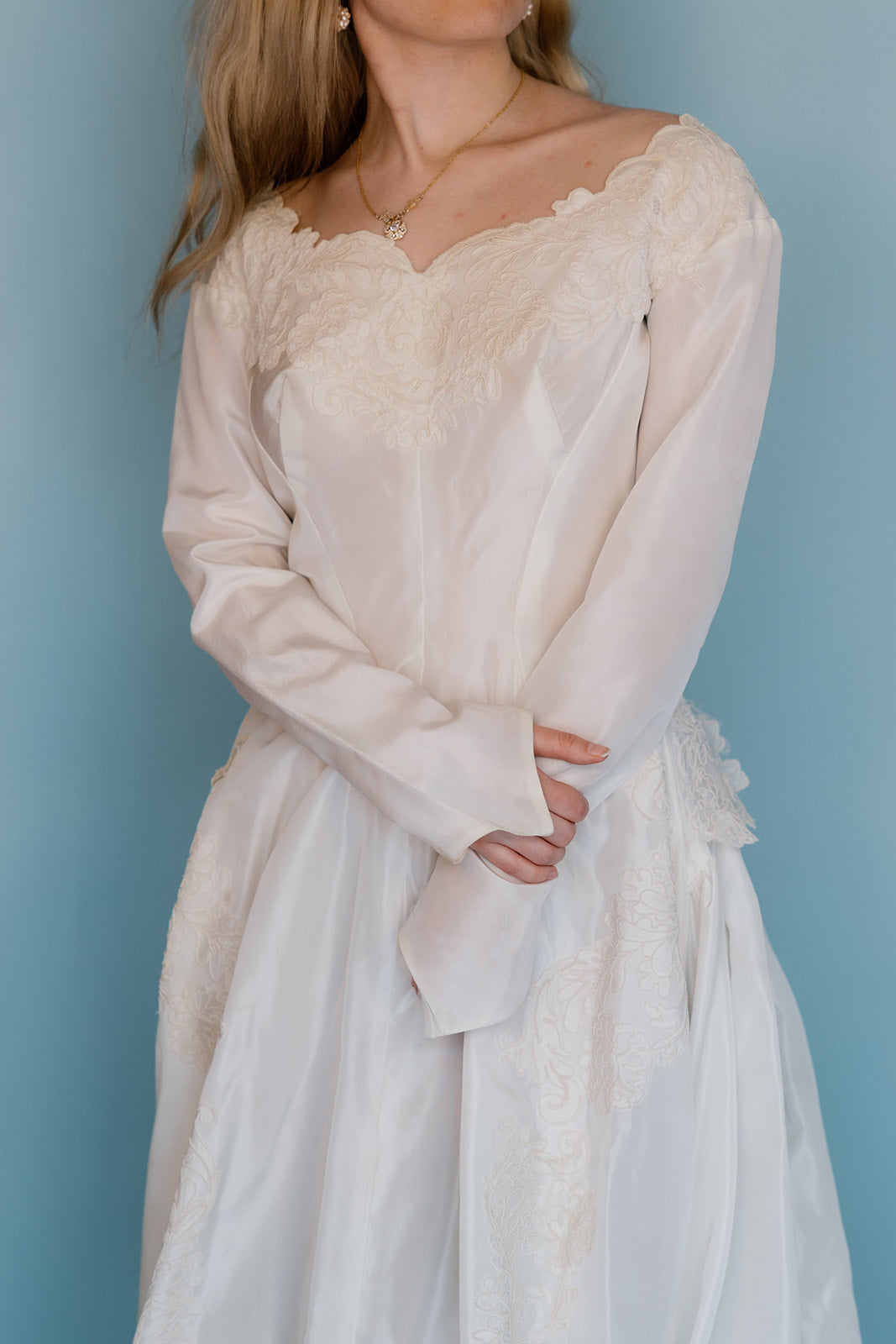 Dorothy: 1959 long sleeve ballgown with simple appliques