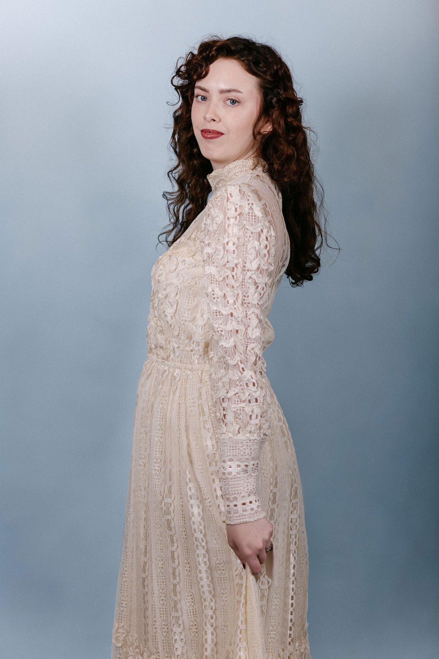 Nina: 1970s LS Tea Length Wedding Dress with Lace & 3D Ribbon
