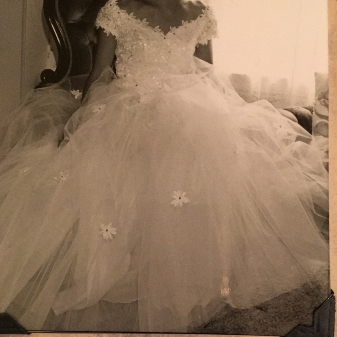 Diane: 1960s Tulle A-Line Gown, Cap Sleeve with Flowers & Gems