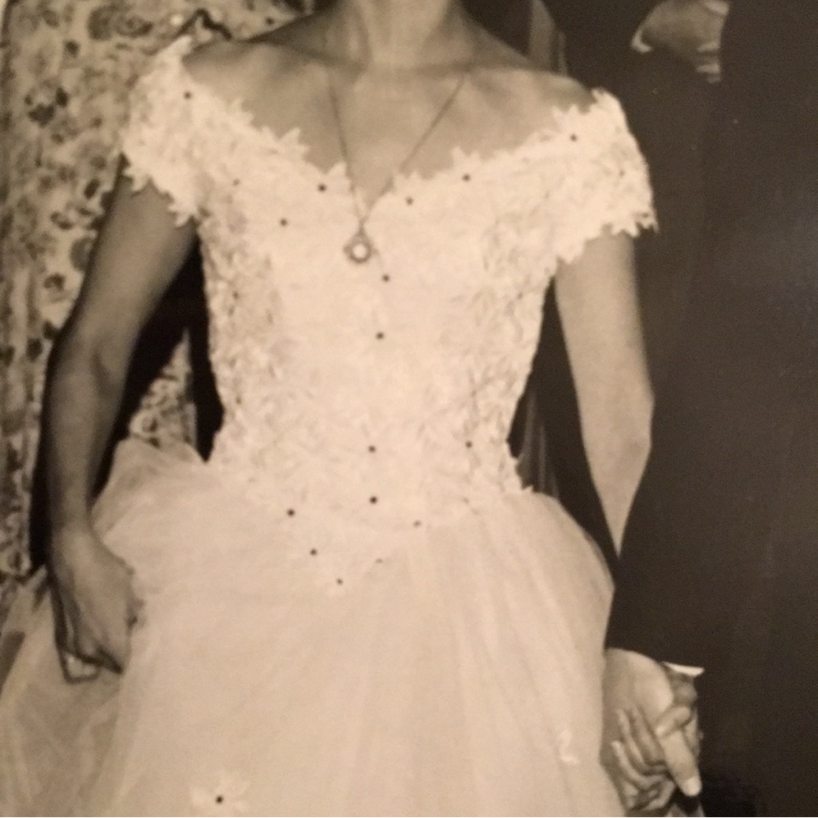 Diane: 1960s Tulle A-Line Gown, Cap Sleeve with Flowers & Gems