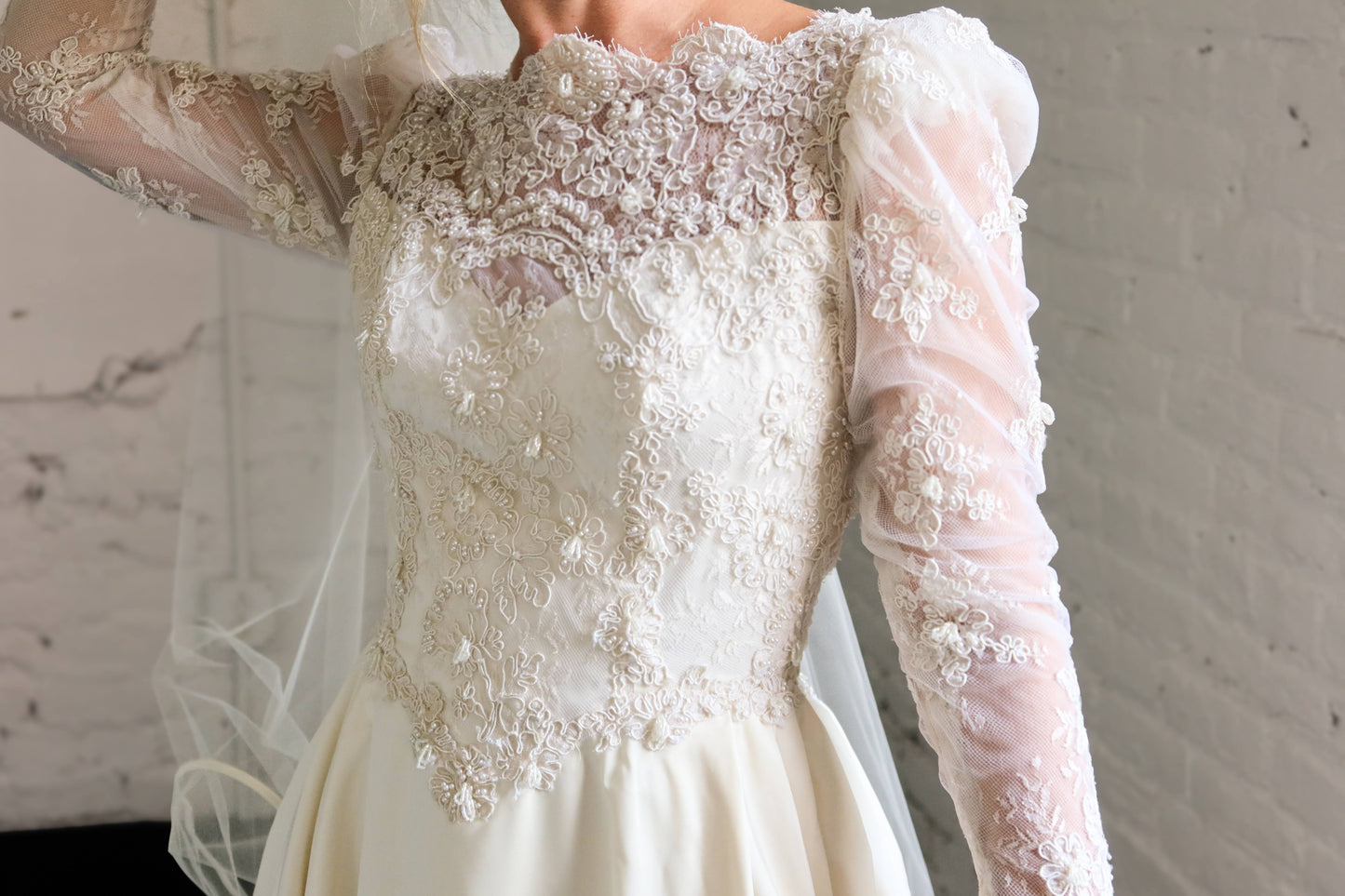 Olivia: 1992 Ivory Long Sleeve Gown, Lace & Pearl Appliqué & 3D Beads