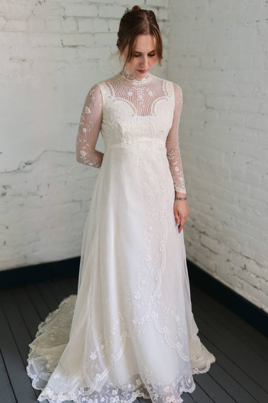 Heloise: 1978 Sheer long sleeves, Belgian lace, crystal & pearls