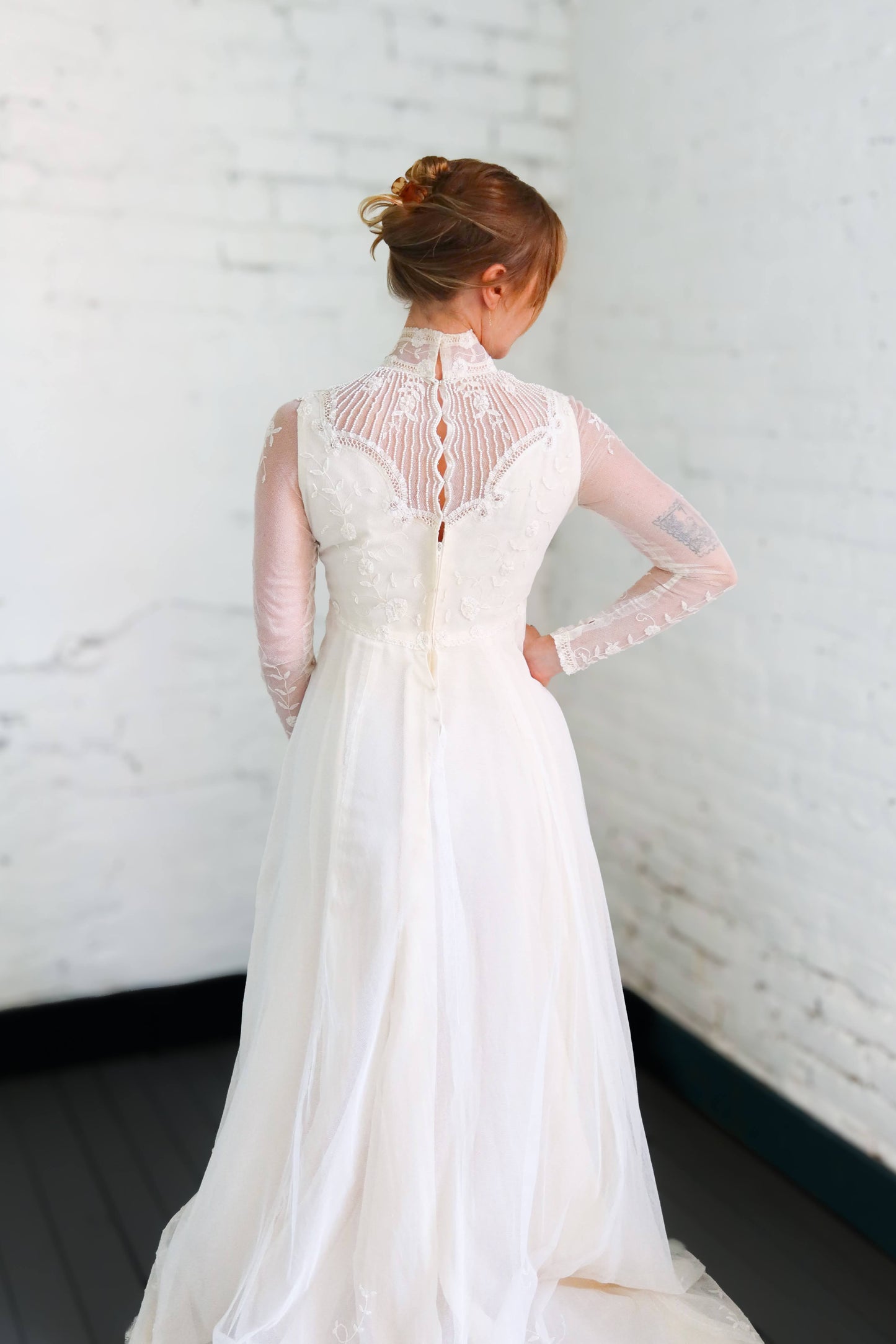 Heloise: 1978 Sheer long sleeves, Belgian lace, crystal & pearls