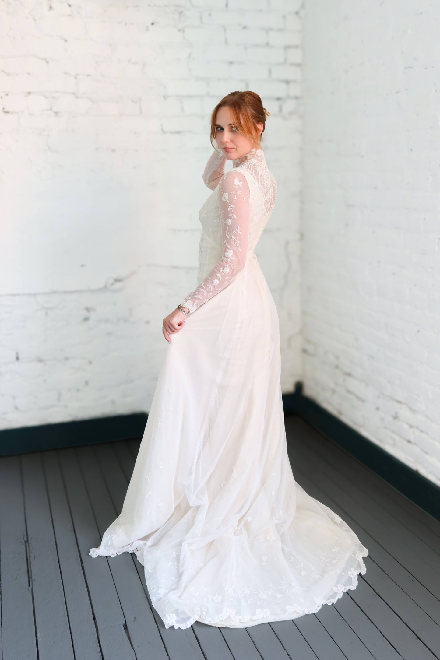 Heloise: 1978 Sheer long sleeves, Belgian lace, crystal & pearls