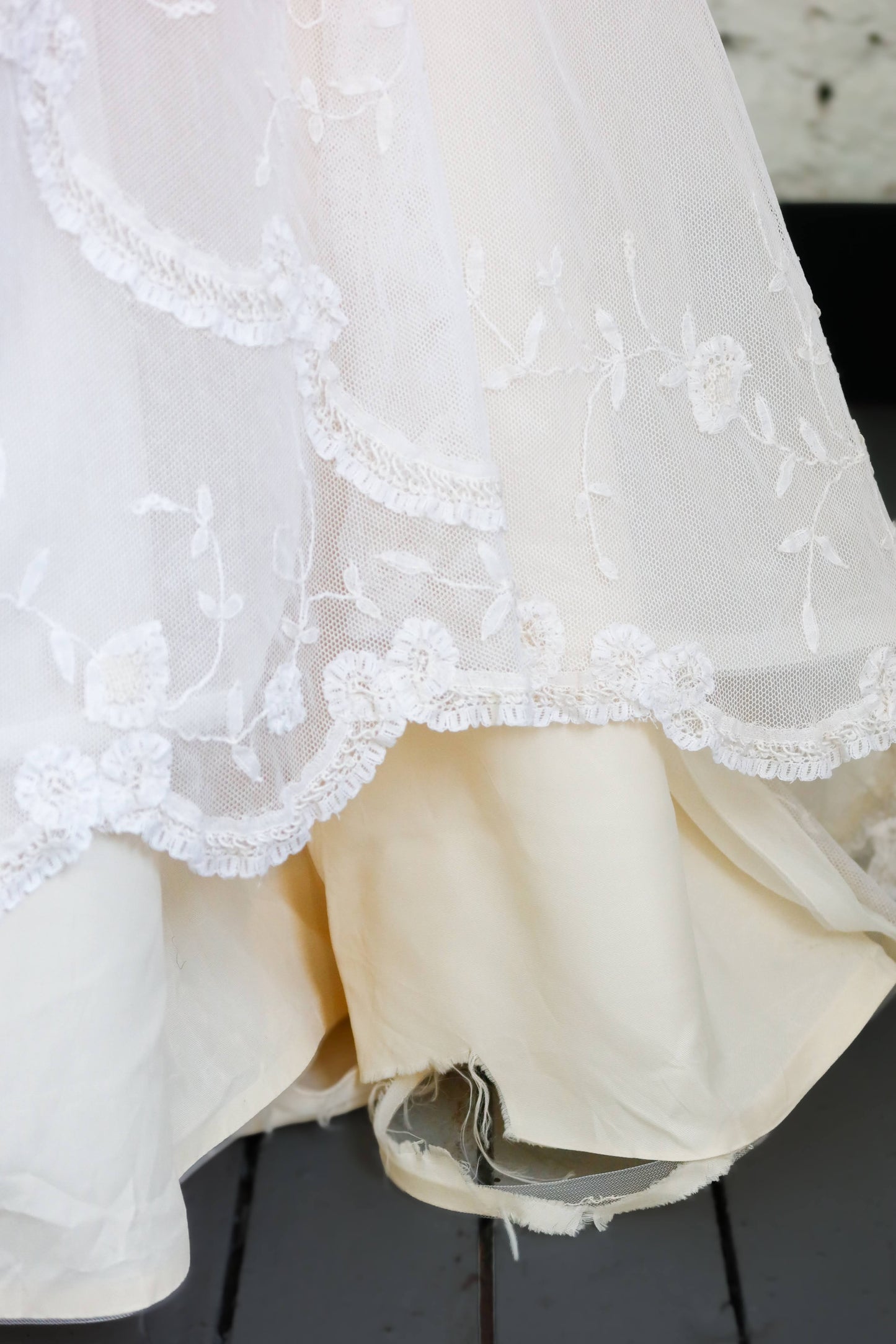 Heloise: 1978 Sheer long sleeves, Belgian lace, crystal & pearls