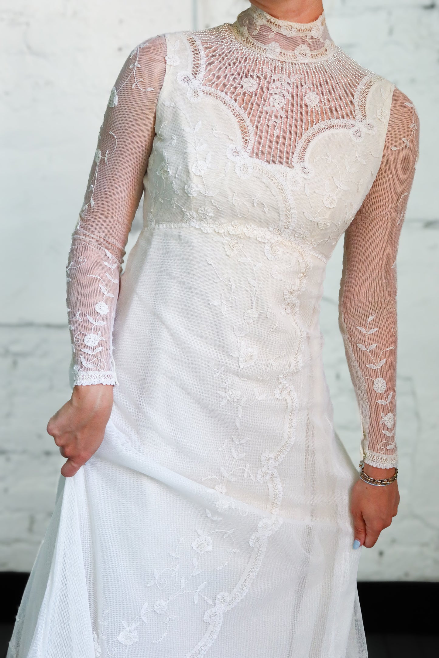 Heloise: 1978 Sheer long sleeves, Belgian lace, crystal & pearls