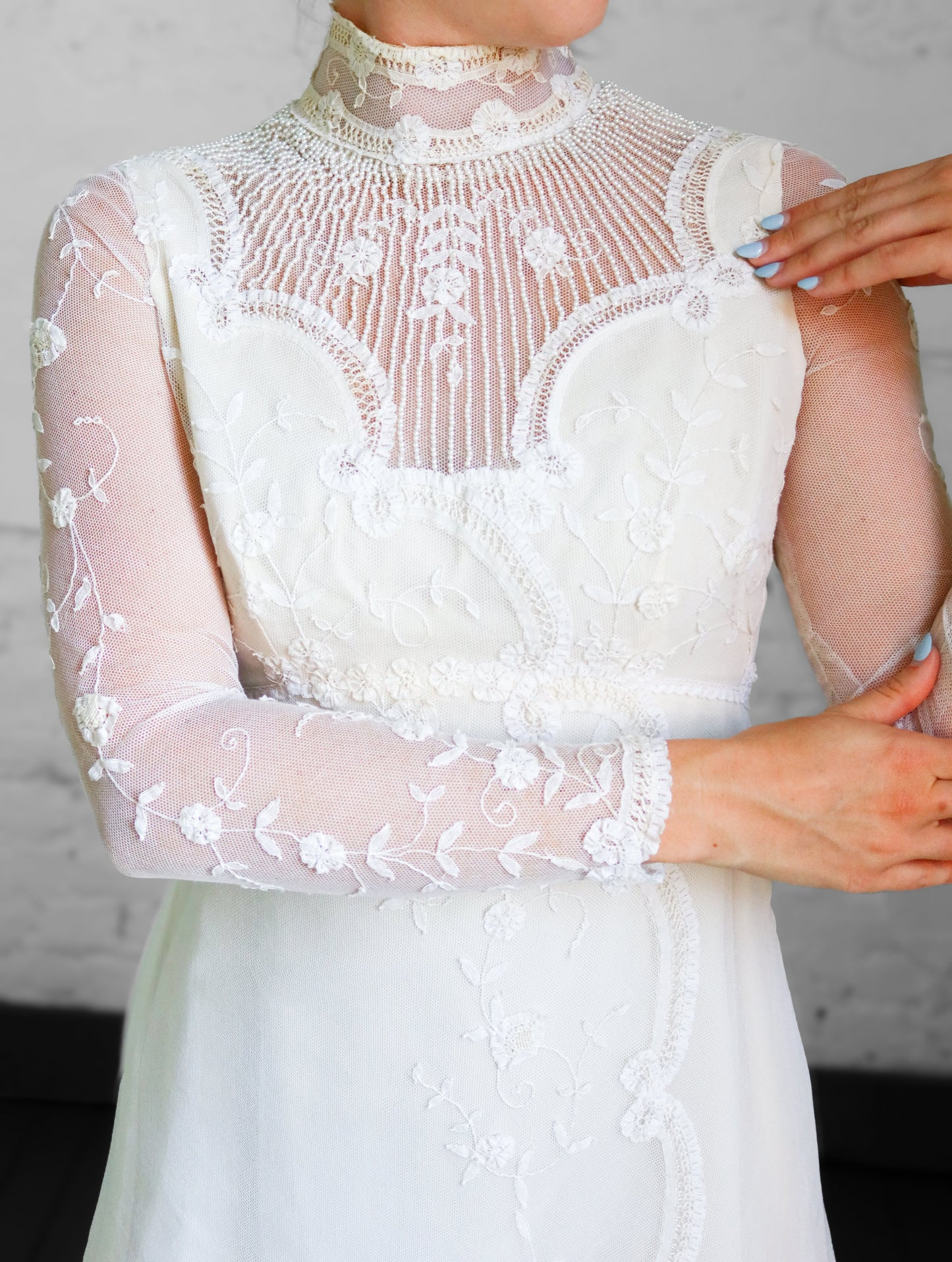 Heloise: 1978 Sheer long sleeves, Belgian lace, crystal & pearls
