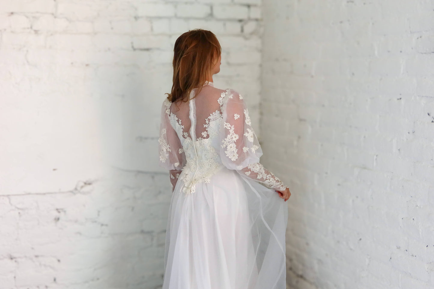 Deanna: 1979 A-Line, Collar, Puff Sleeve, with Ruffle Train