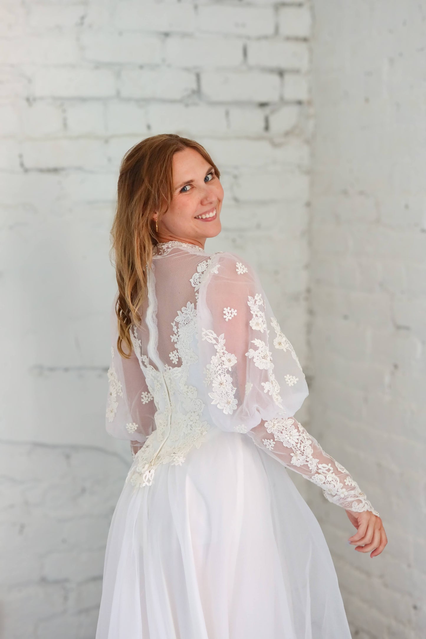 Deanna: 1979 A-Line, Collar, Puff Sleeve, with Ruffle Train