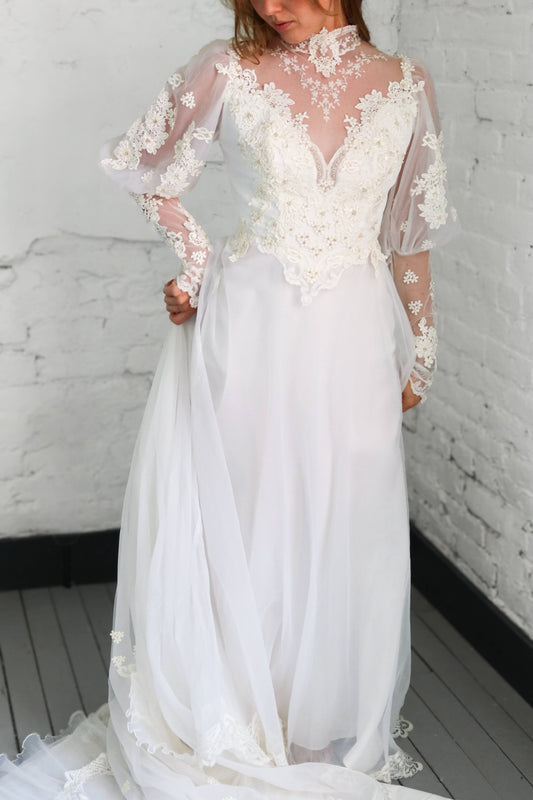 Deanna: 1979 A-Line, Collar, Puff Sleeve, with Ruffle Train