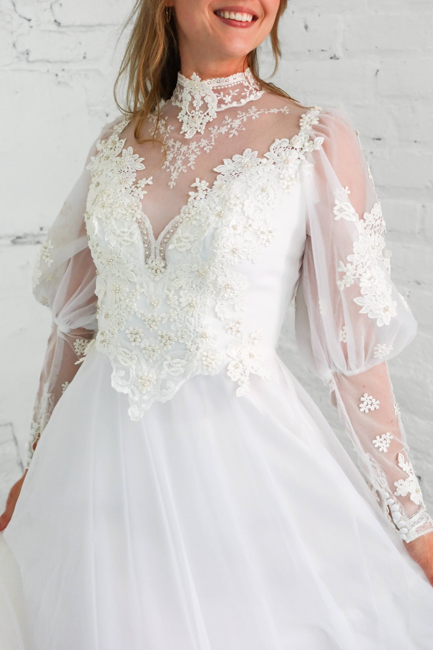 Deanna: 1979 A-Line, Collar, Puff Sleeve, with Ruffle Train