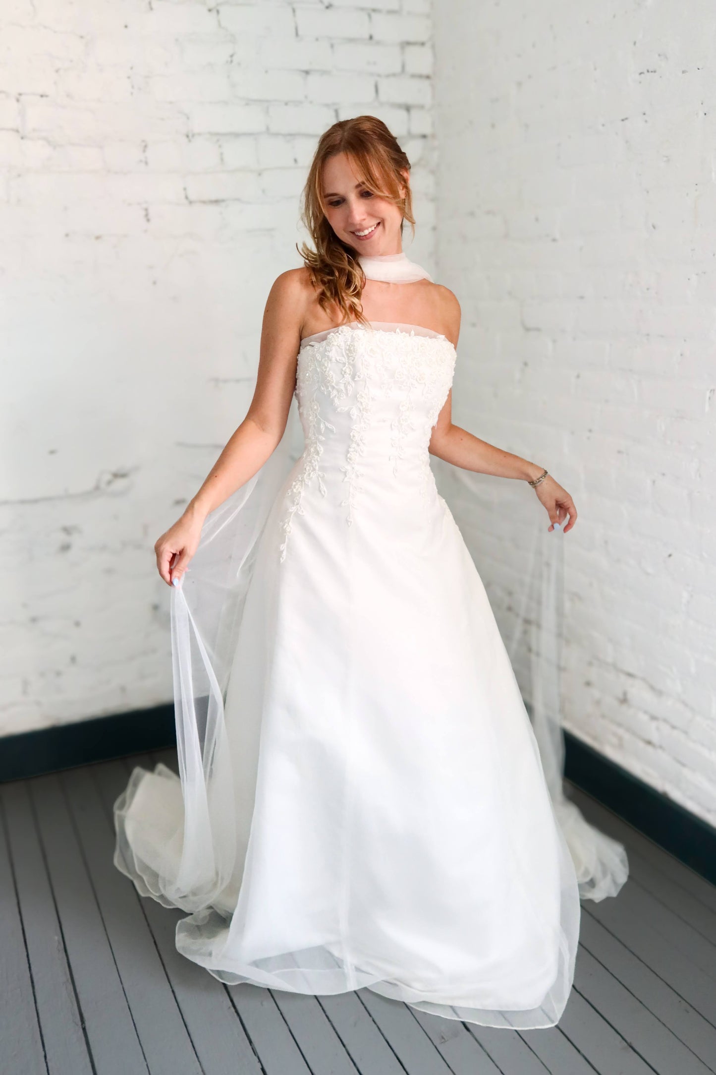 Amira: 2000s Strapless with Beading and Sheer Petal Train