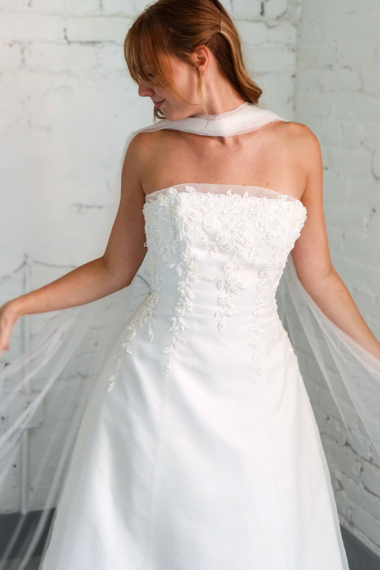 Amira: 2000s Strapless with Beading and Sheer Petal Train