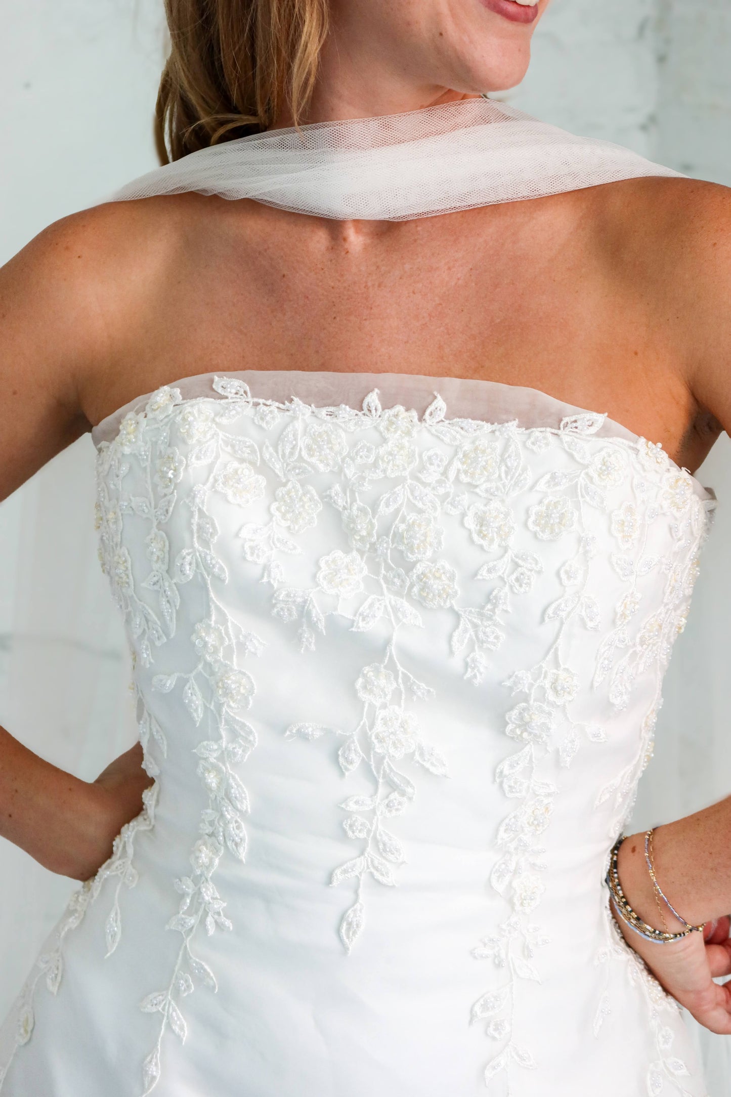Amira: 2000s Strapless with Beading and Sheer Petal Train