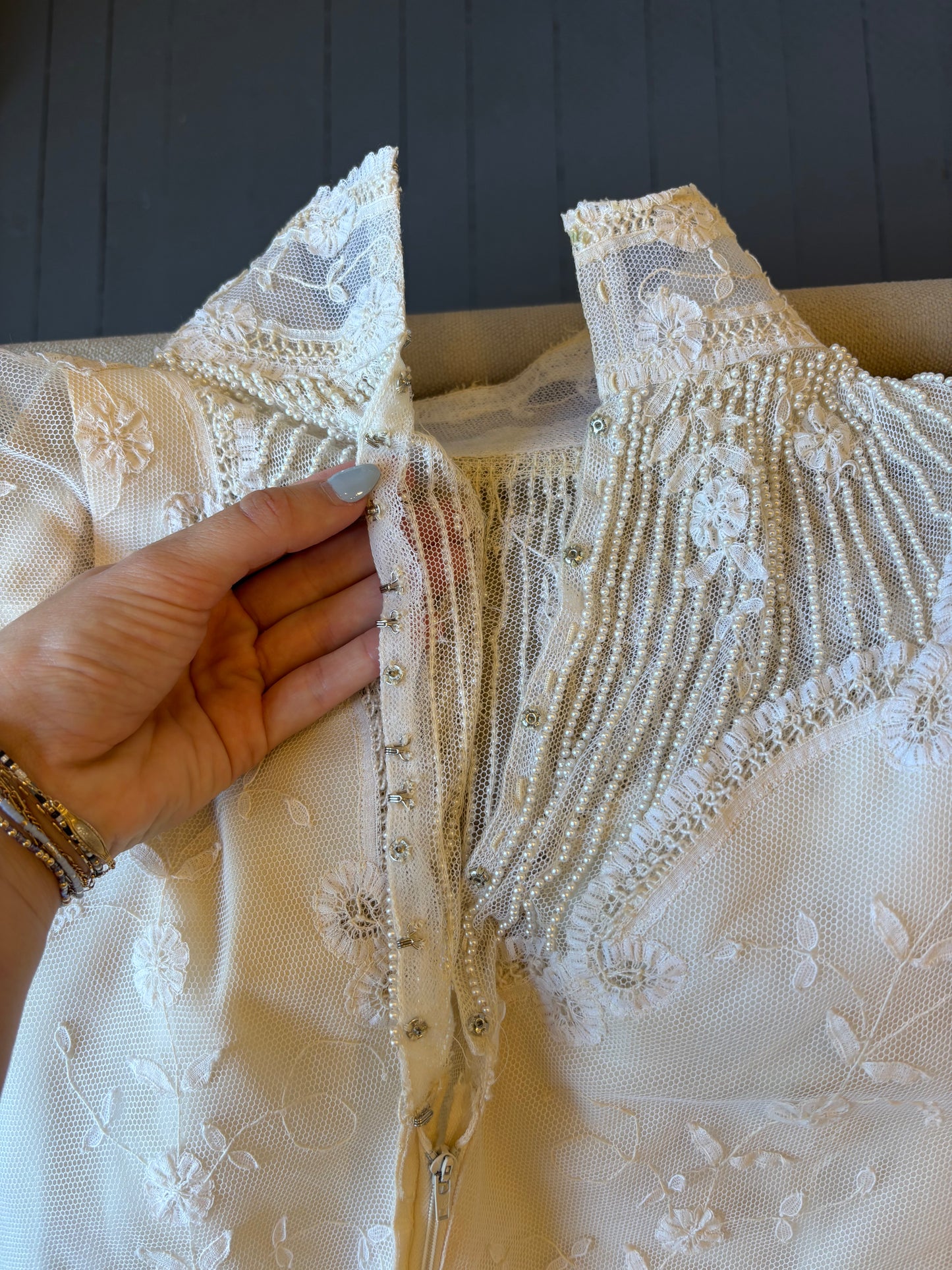 Heloise: 1978 Sheer long sleeves, Belgian lace, crystal & pearls
