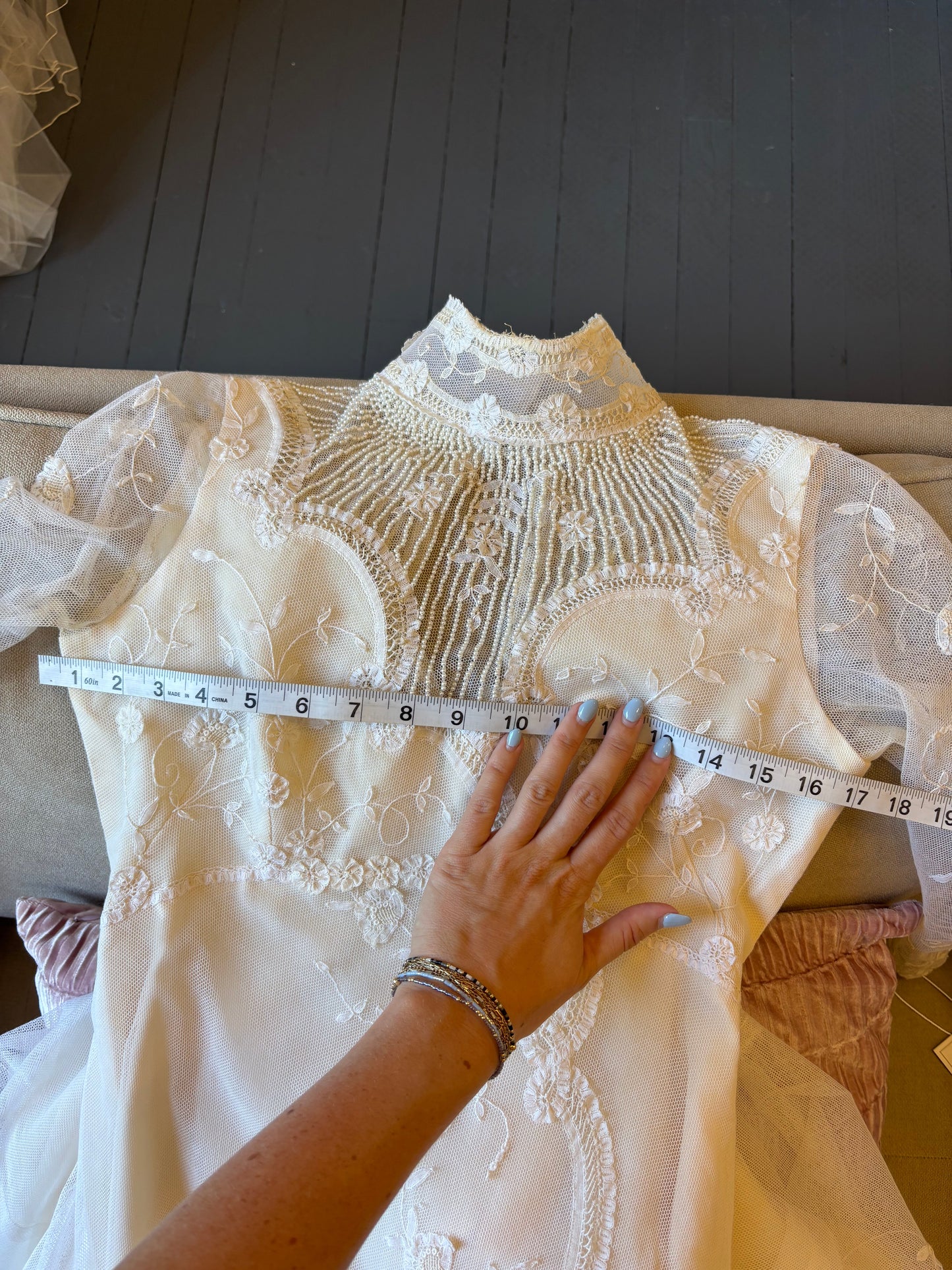 Heloise: 1978 Sheer long sleeves, Belgian lace, crystal & pearls