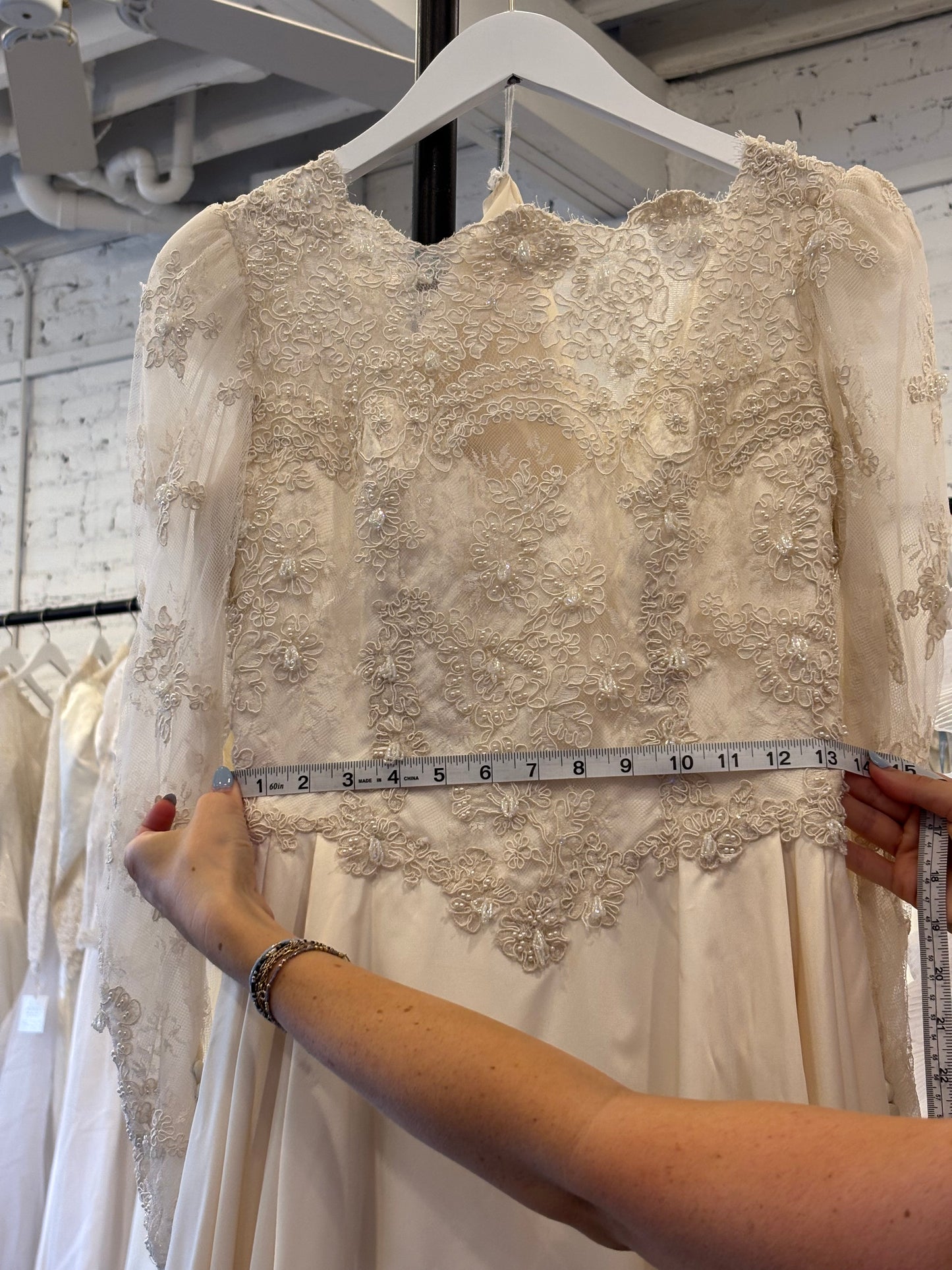 Olivia: 1992 Ivory Long Sleeve Gown, Lace & Pearl Appliqué & 3D Beads